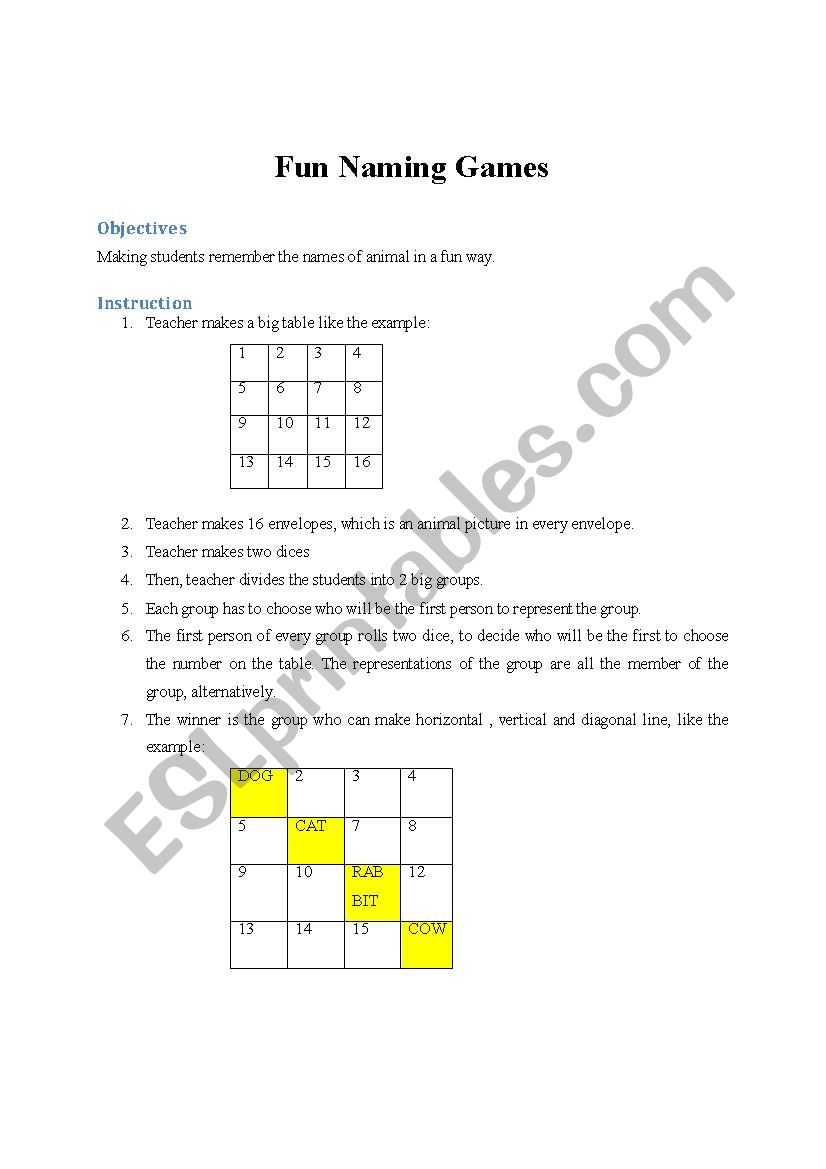 Fun Naming Games worksheet