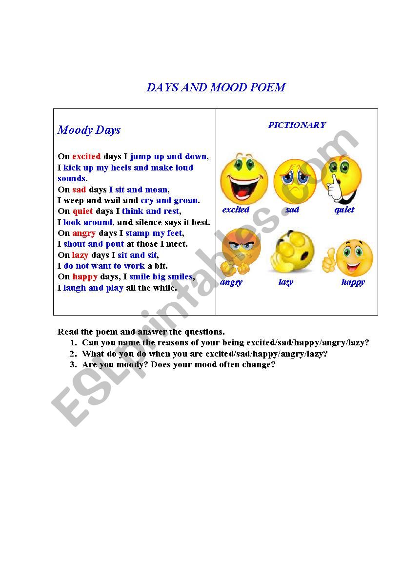 MOODS AND EMOTIONS (A poem + a Pictionary + Questions)
