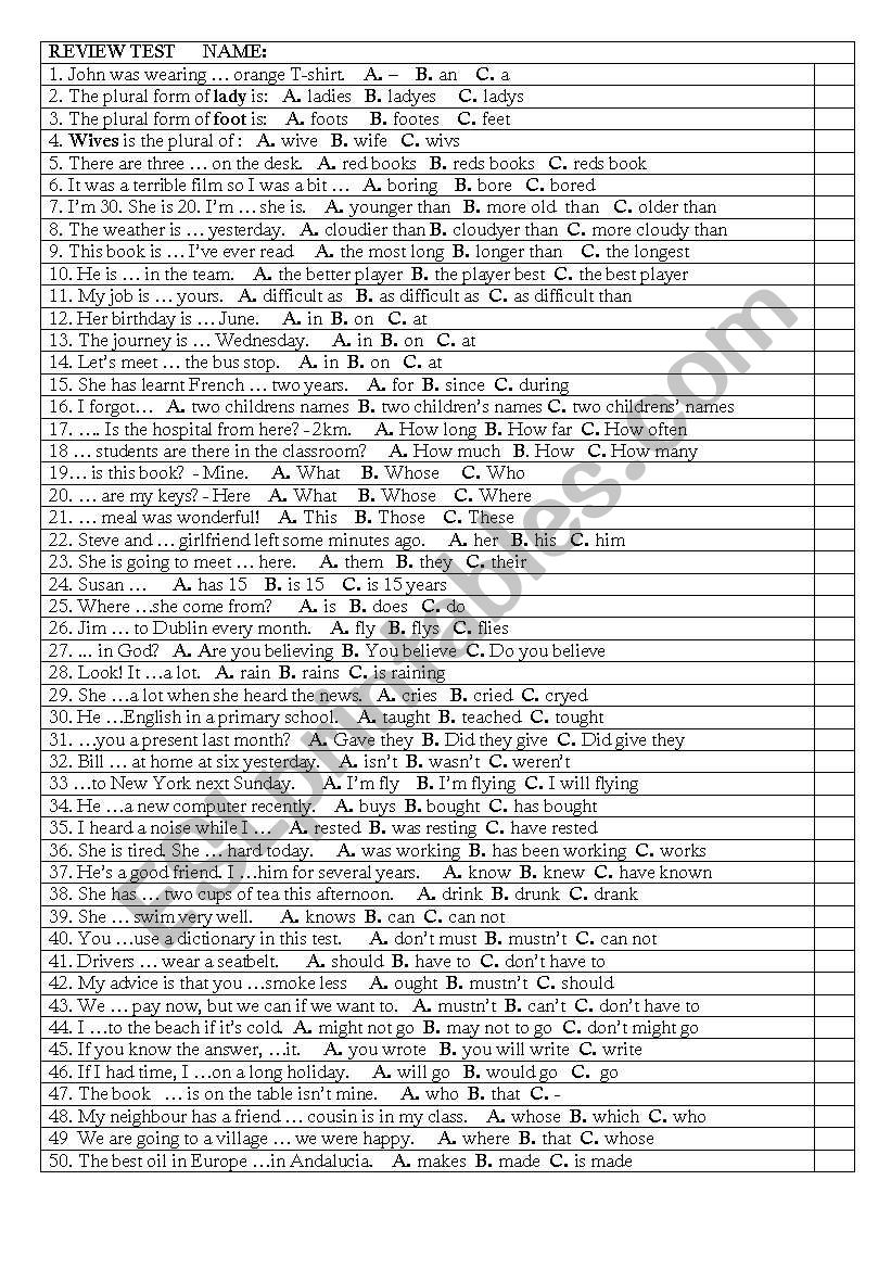 FINAL REVIEW TEST  worksheet