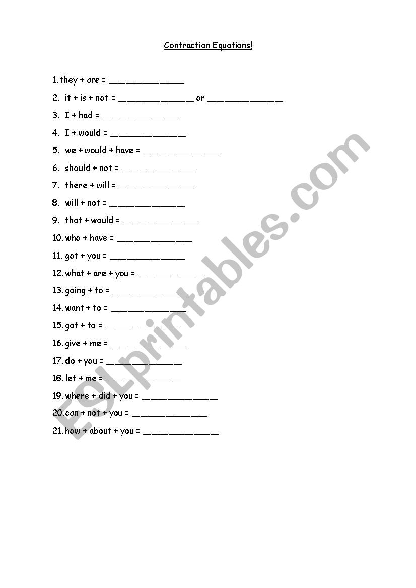 Contraction Equations worksheet