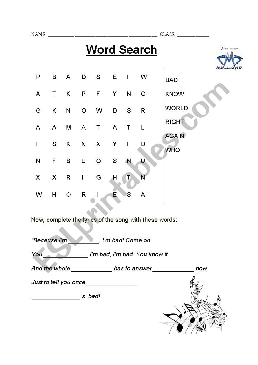 Megamind word search  worksheet