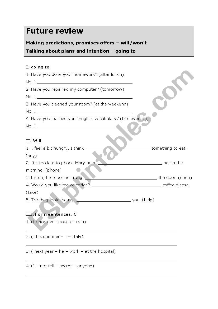 future tenses review: going to and will future