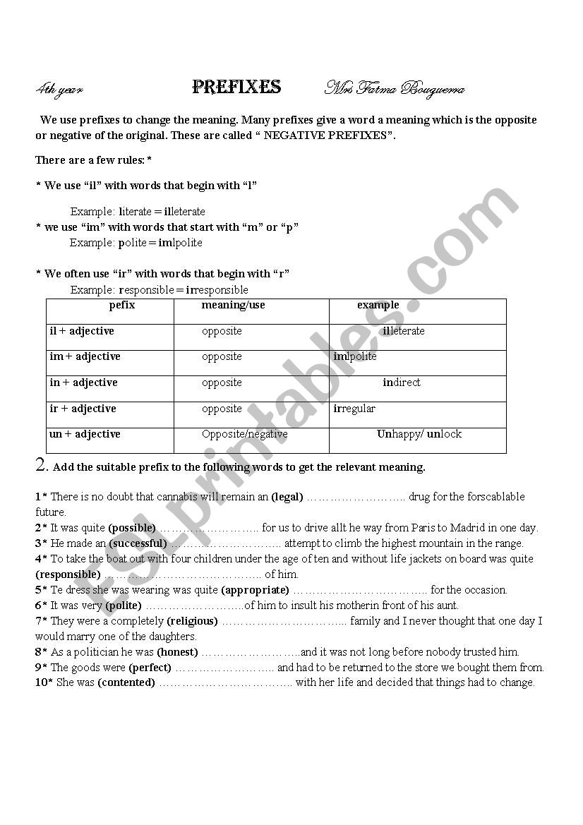 prefixes worksheet