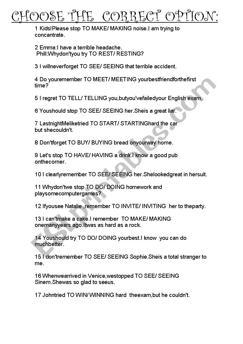 Gerund and Infinitive worksheet