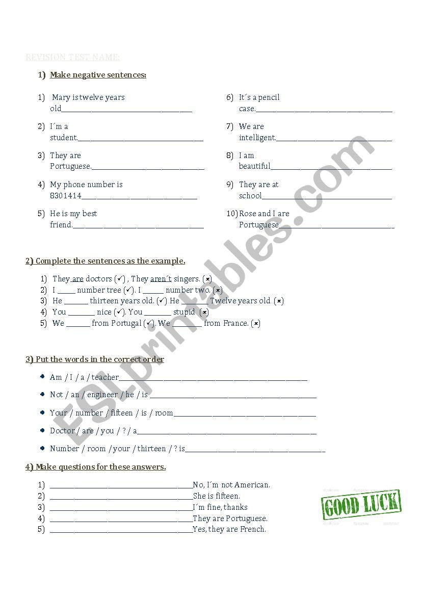 Revision Test- TO BE worksheet