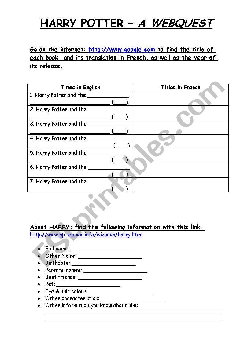 Harry Potter: a webquest worksheet