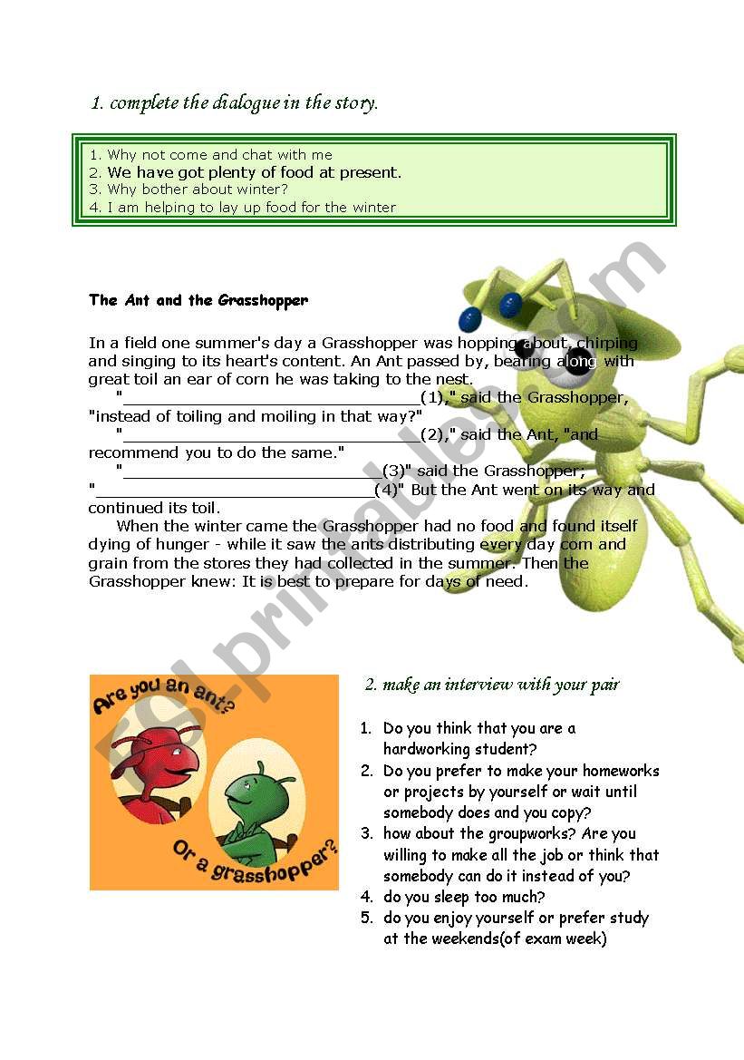 The Ant and the Grasshopper worksheet
