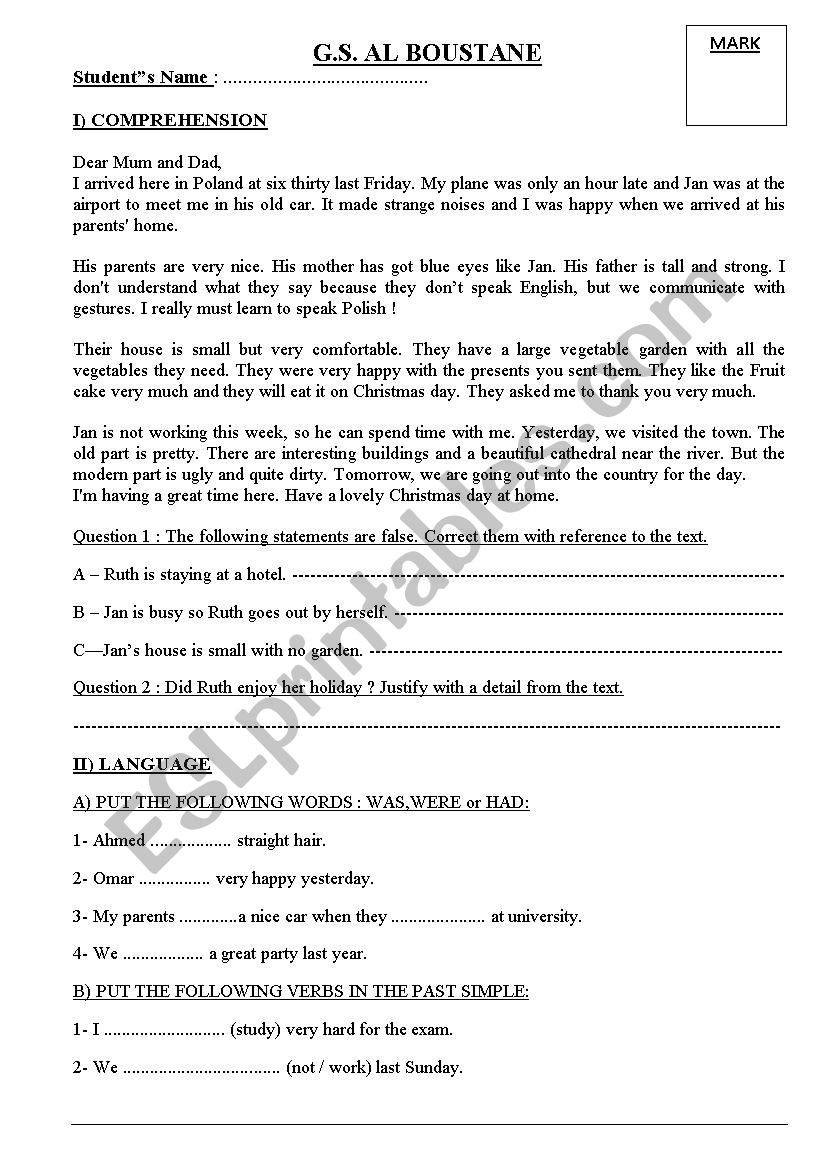 TEST SIMPLE PAST  READING worksheet