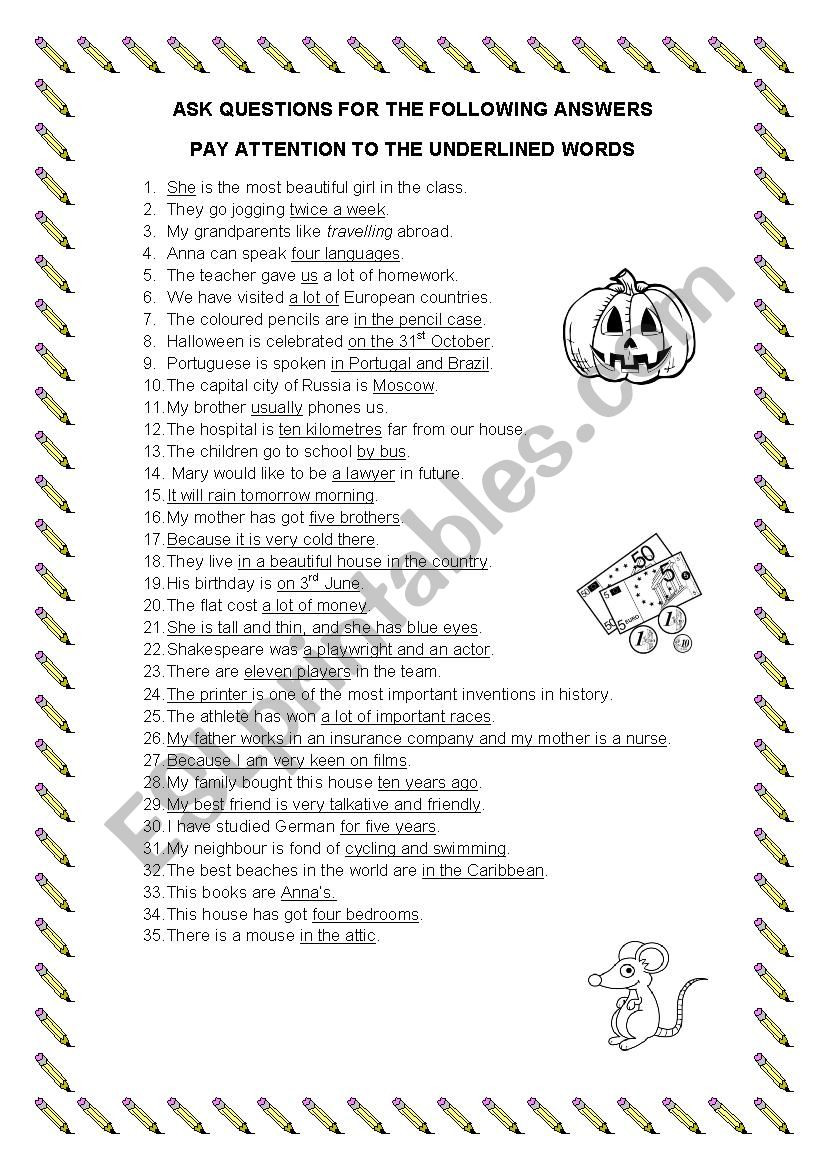 ask questions for the answers worksheet