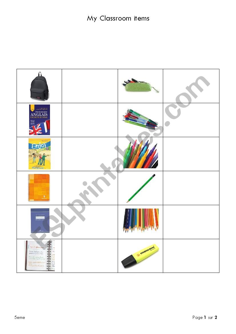 Classroom Items worksheet