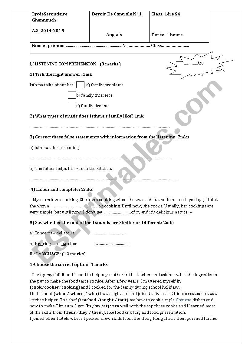 Mid-Term Test 1 first form worksheet