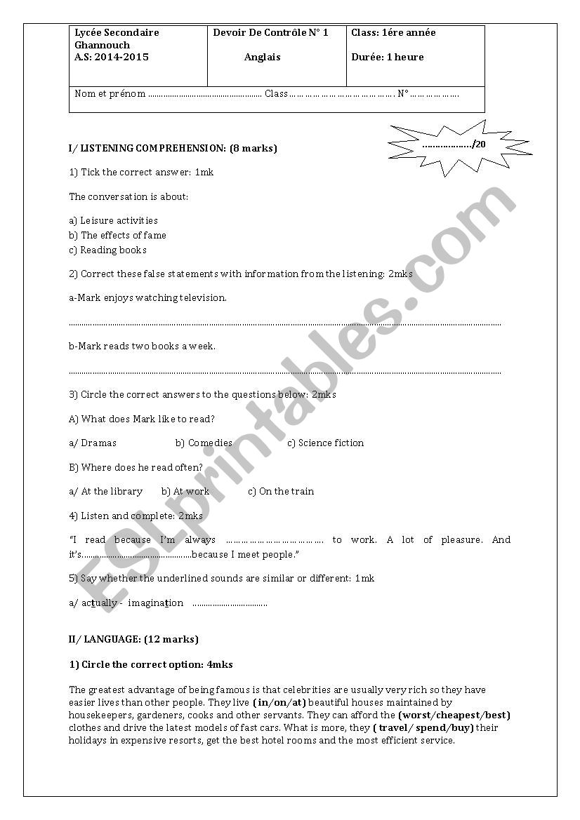 Mid-Term Test 1 first form worksheet