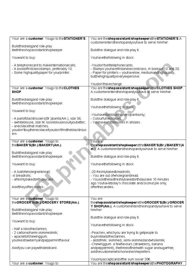 Shopping role-play cards for different shops