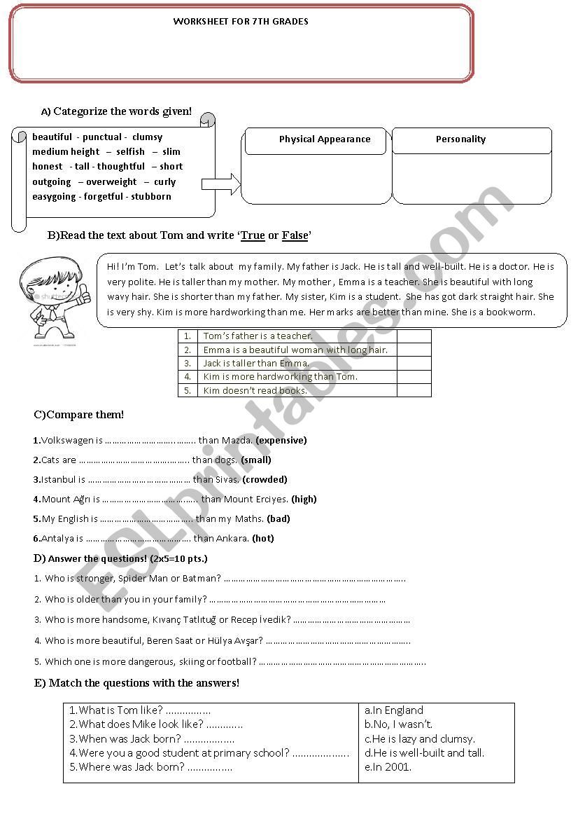 WORKSHEET FOR 7TH GRADES worksheet