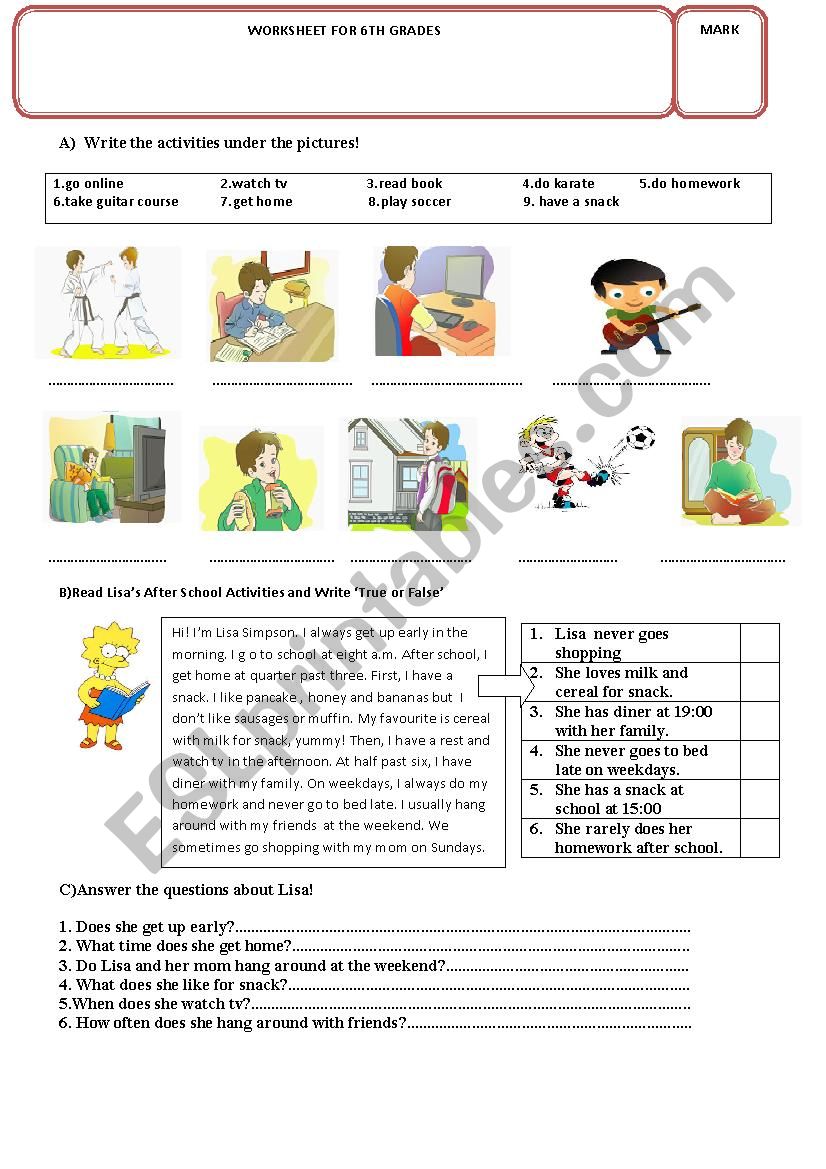 WORKSHEET FOR 6TH GRADES worksheet