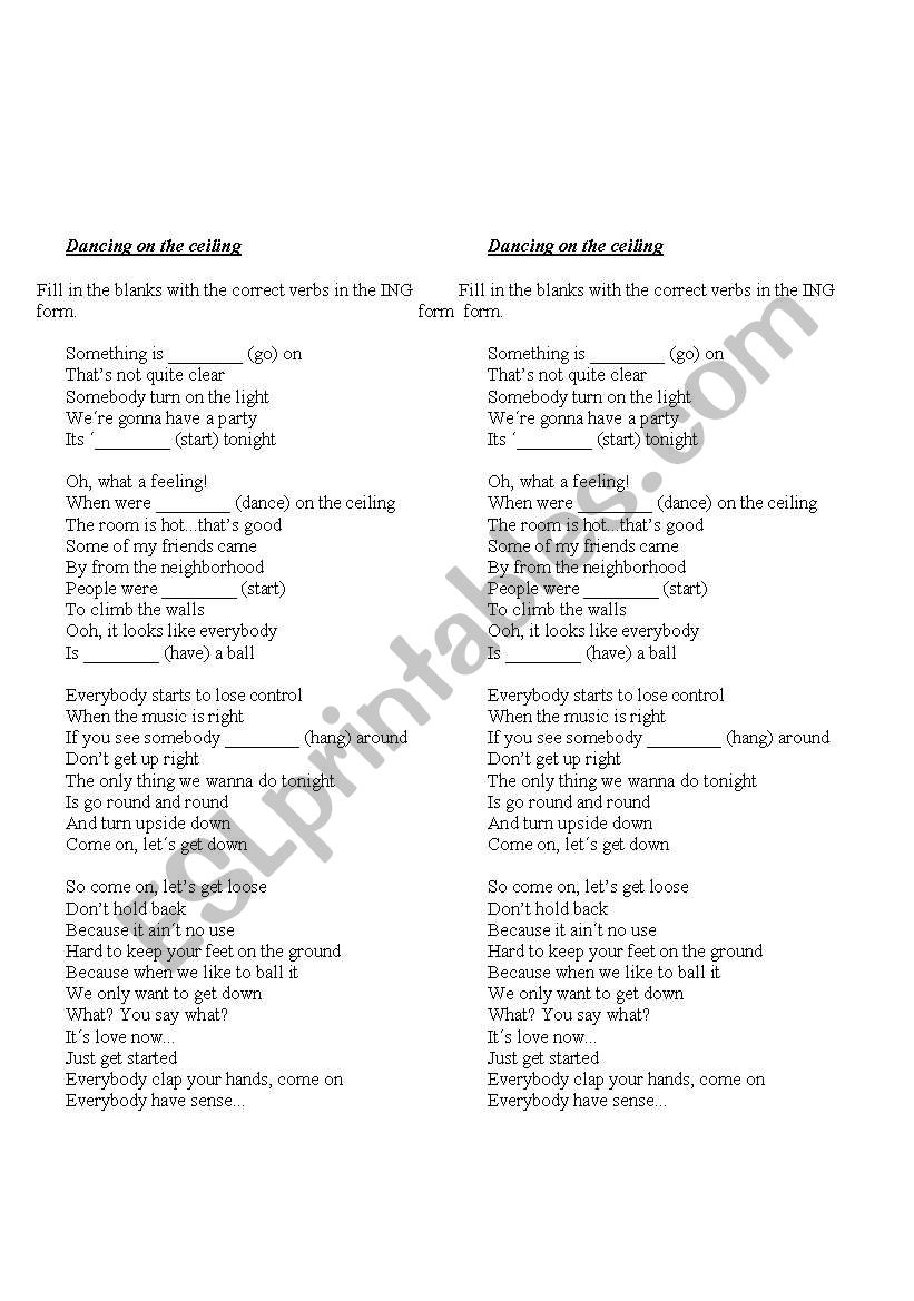 song - dancing on the ceiling worksheet