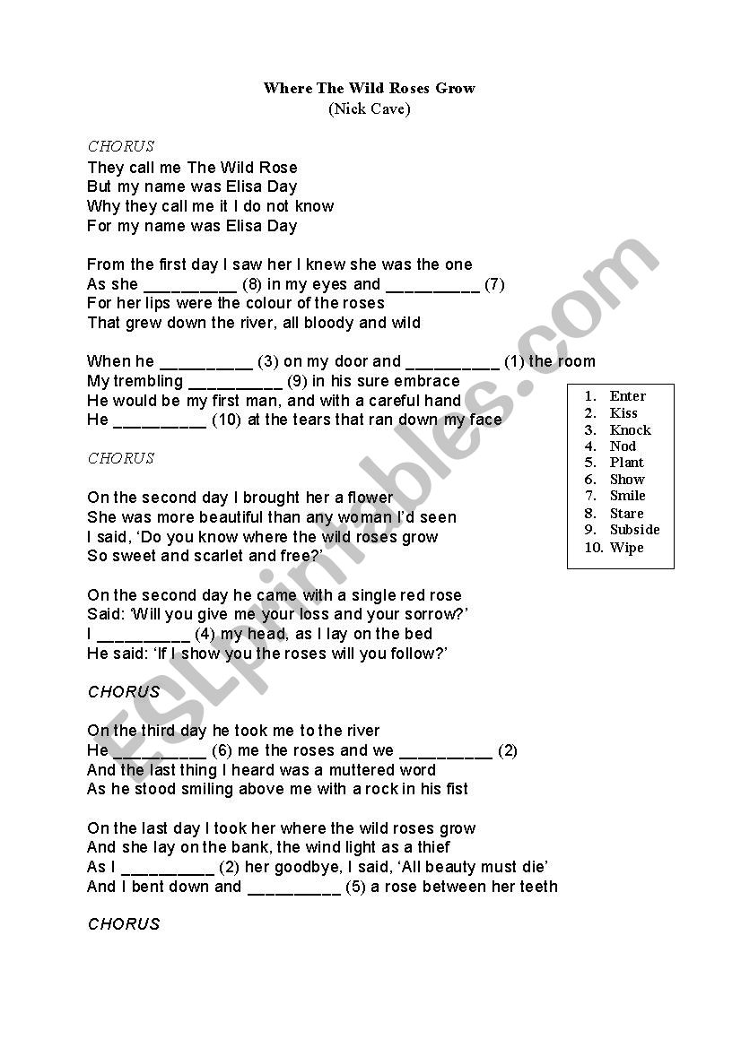 Where the wild roses grow worksheet