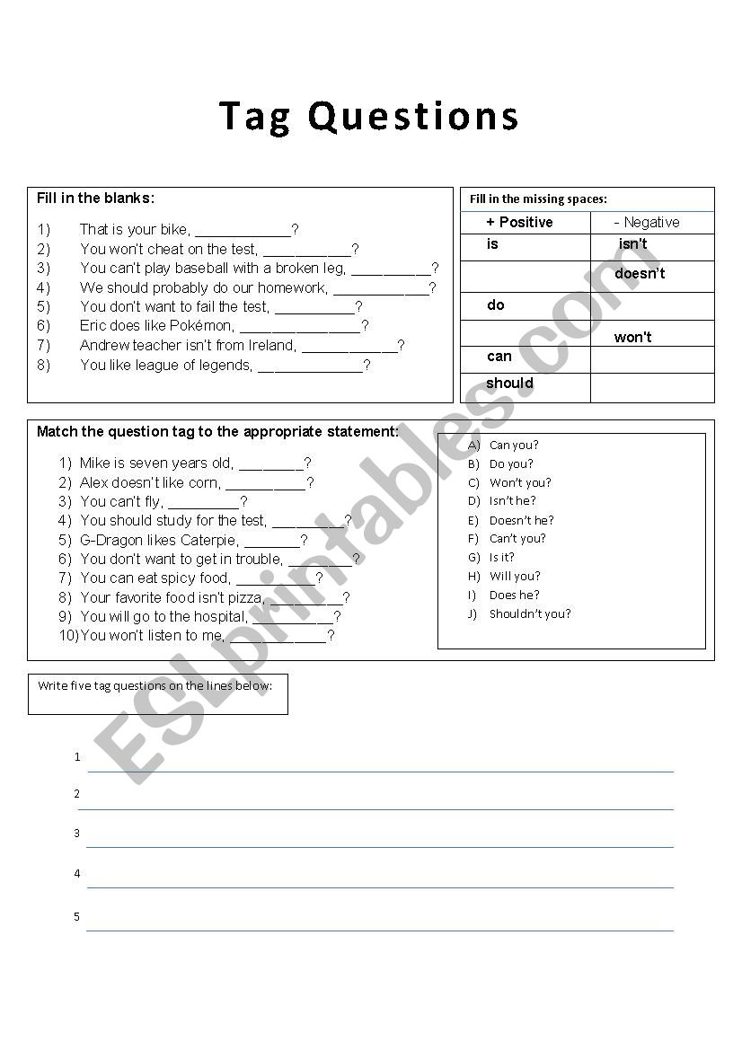 Tag Questions Advanced Worksheet