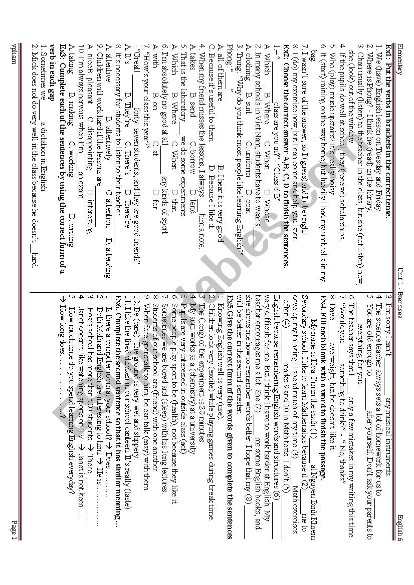 English 6 new - Unit 1 worksheet