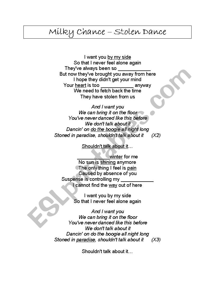 Milky Chance Stolen Dance Song Worksheet Esl Worksheet By Alicecm