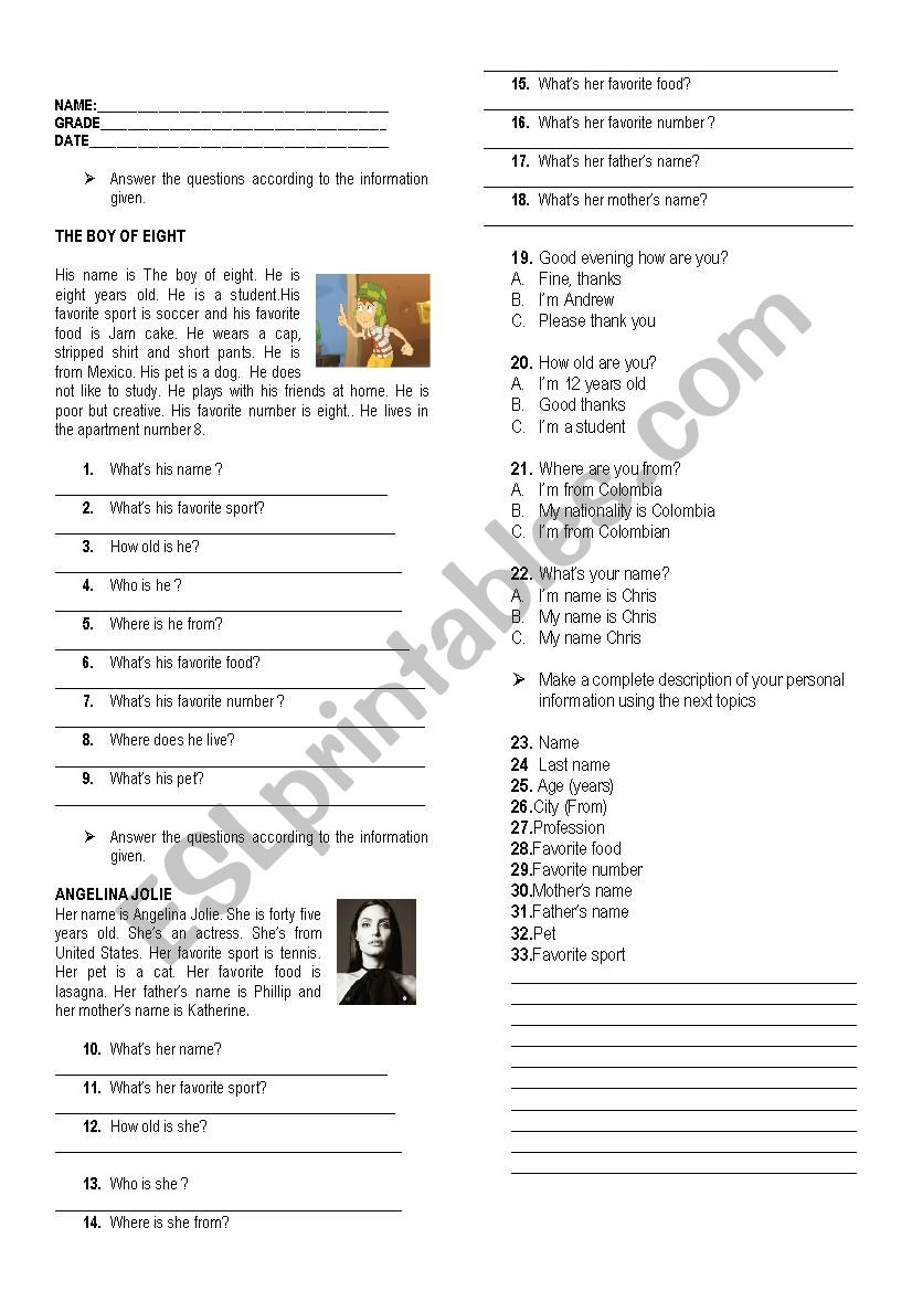 PERSONAL INFORMATION worksheet