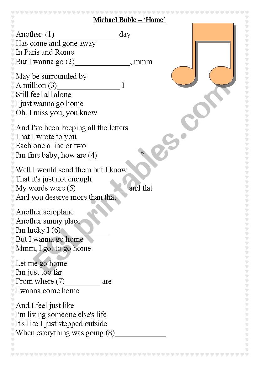 Michael Buble - Home song and nurser…: English ESL worksheets pdf