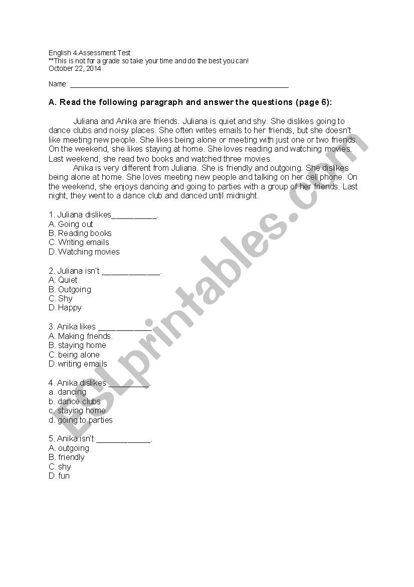 Assessment Test worksheet