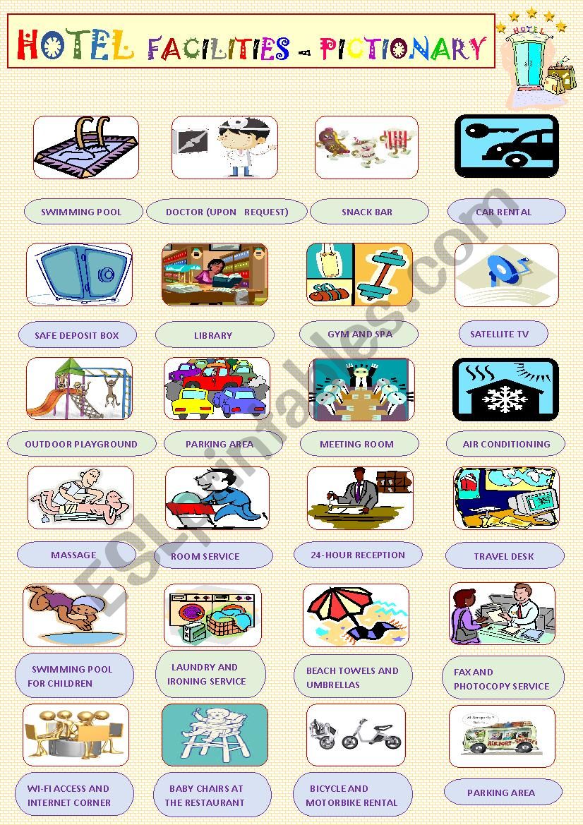 Hotel Facilities - Pictionary worksheet