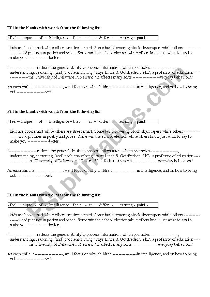 intelligence  worksheet