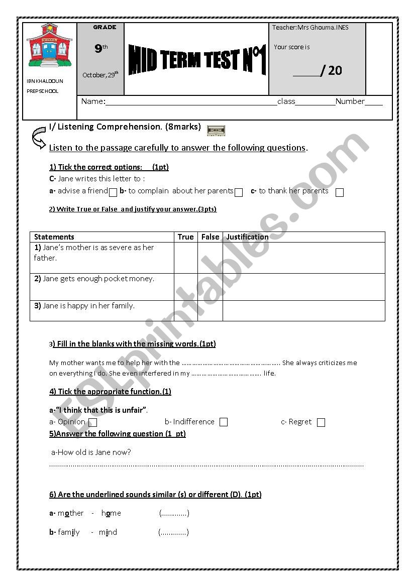 Mid term test n°1 for the 9th forms(listening tasks and tapescript ...