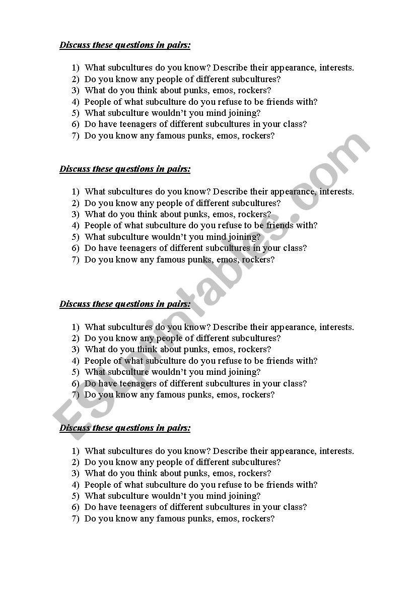discussion of subcultures worksheet