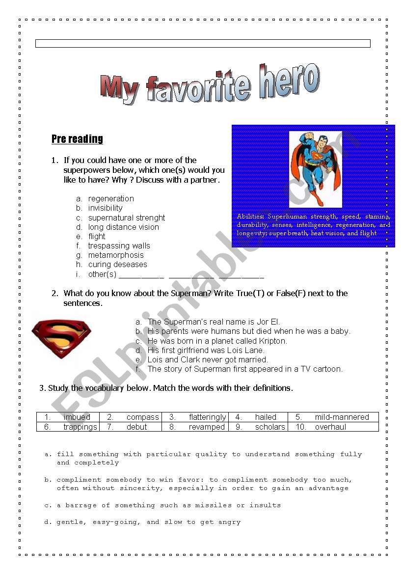 reading - super man worksheet