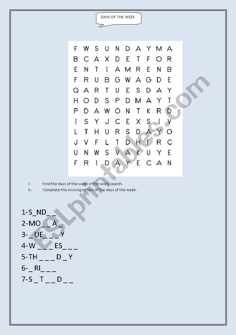 Days of the week worksheet