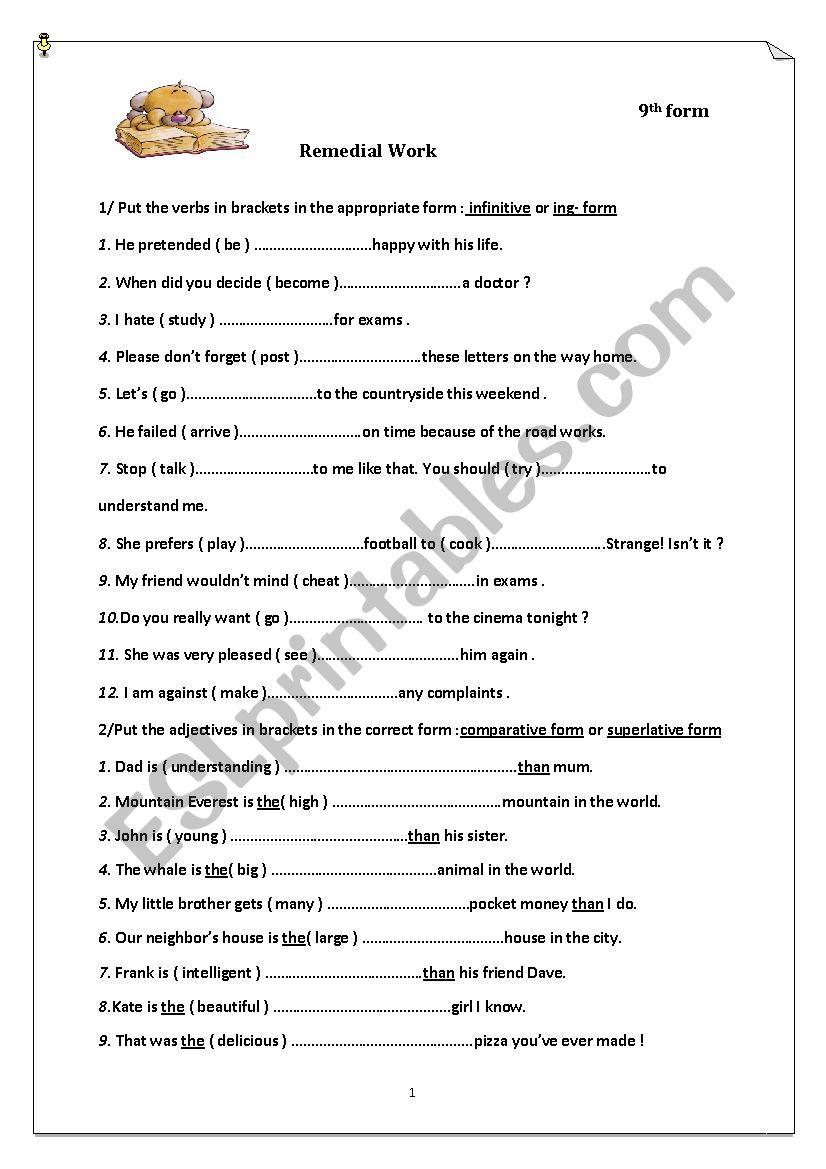 remedial work 9th form worksheet