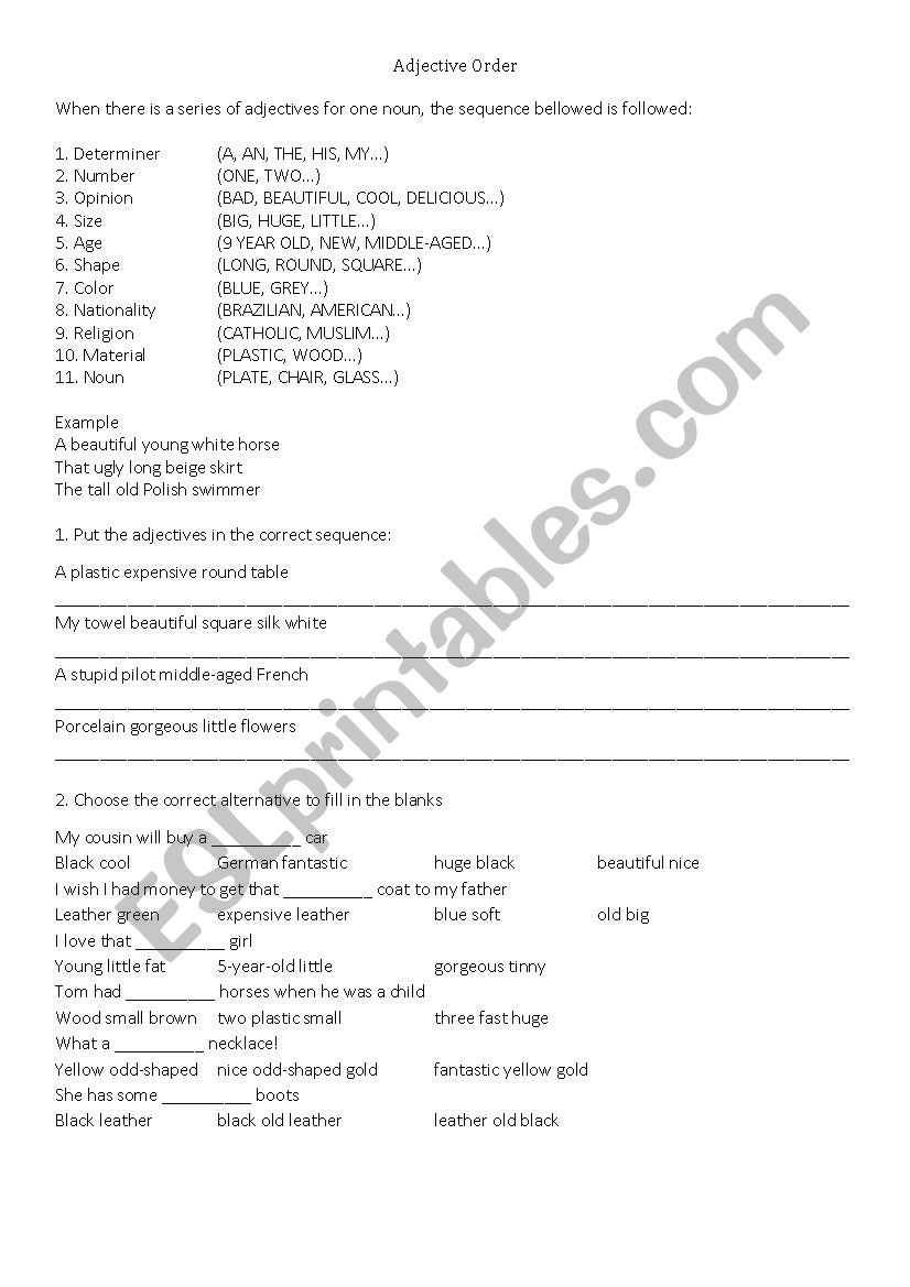 The order of adjectives worksheet