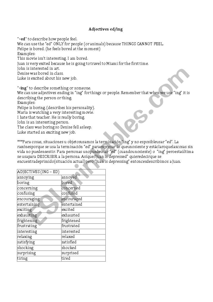 Adjectives ed ing worksheet