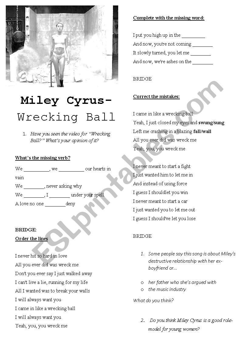 Wrecking Ball- Miley Cyrus worksheet