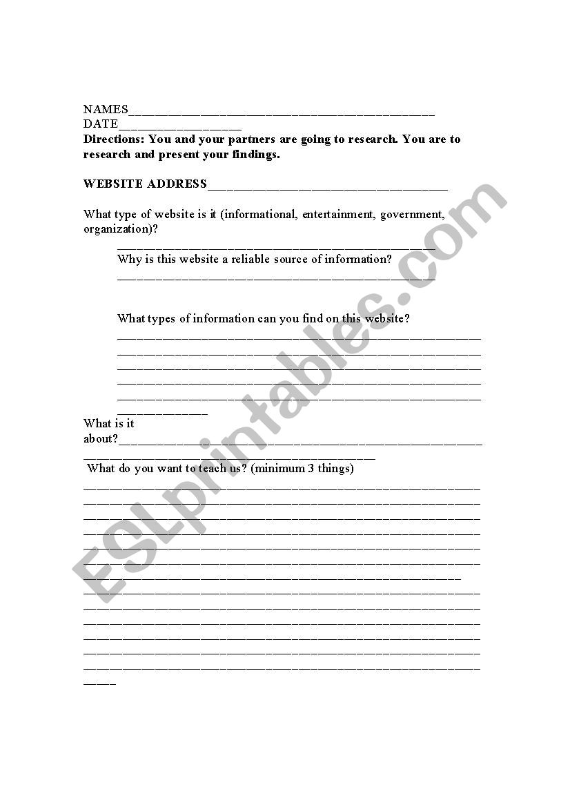 internet research worksheet