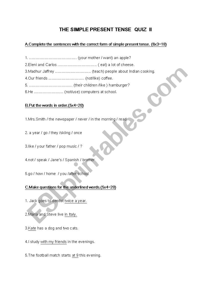 The Simple Present Tense quiz worksheet