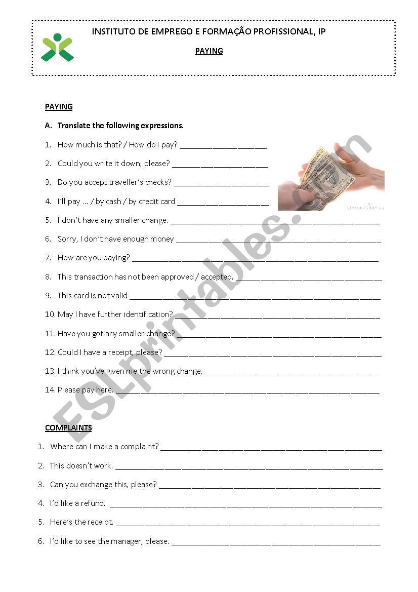 Paying expressions worksheet