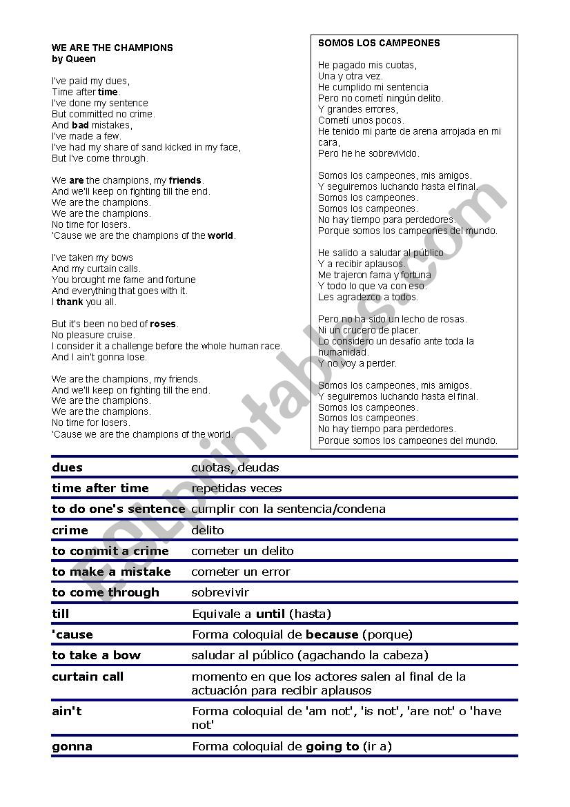 We are the champions worksheet