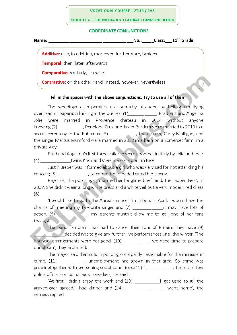 English Worksheet on conjunctions