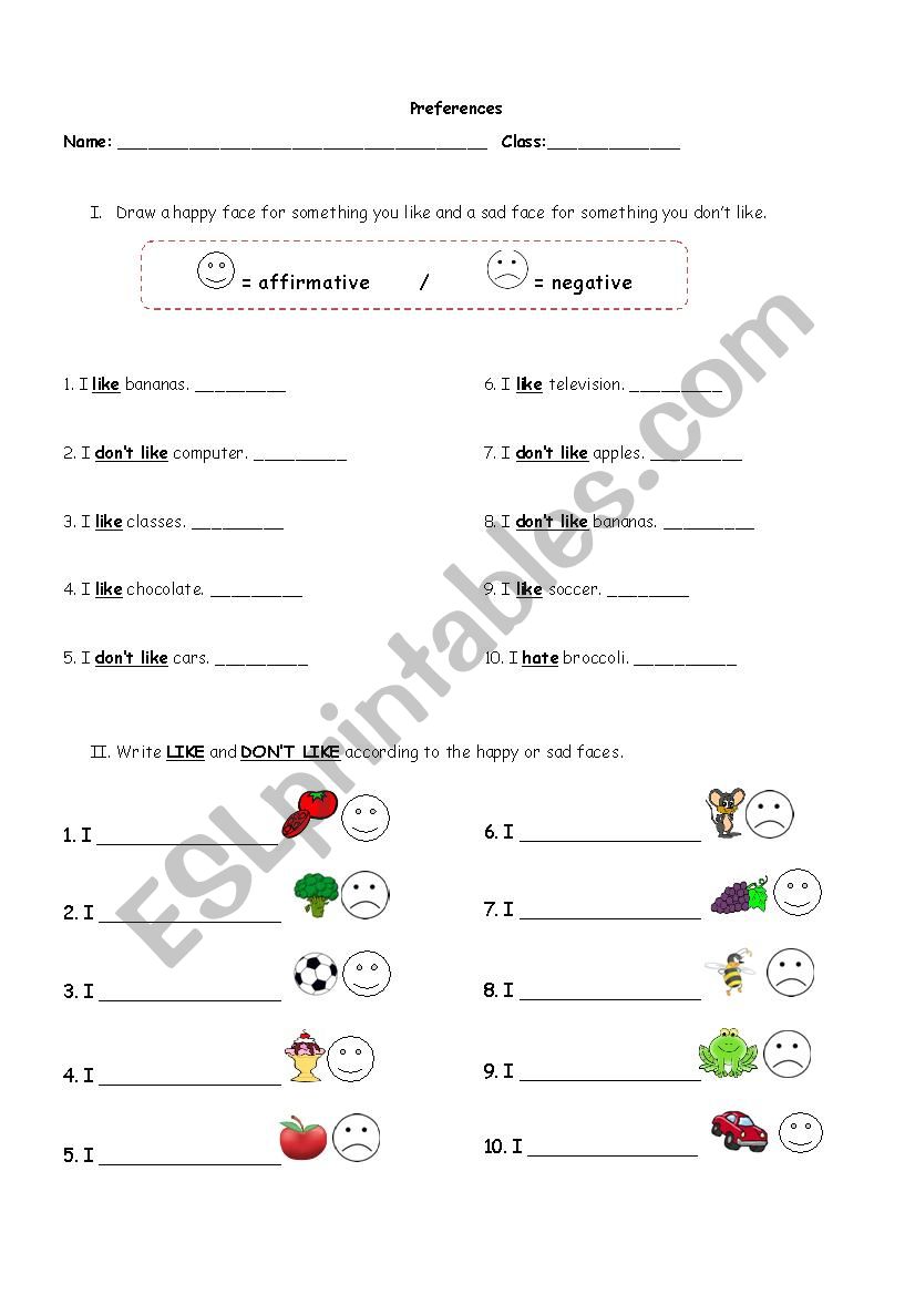 Like & Dont like worksheet