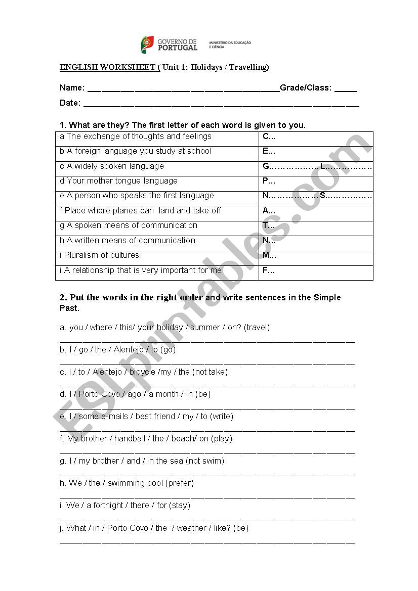 English Worksheet on Vocabulary and grammar