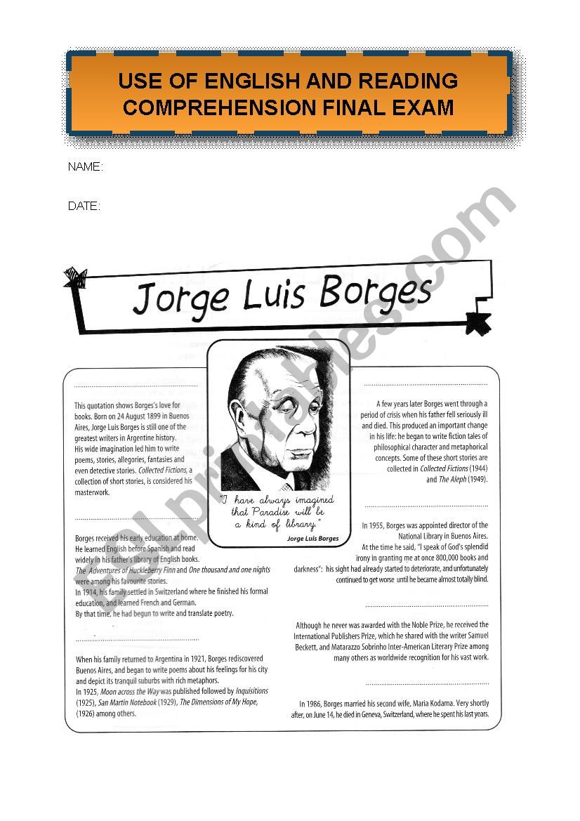 READING COMPREHENSION TEST: BORGES BIOGRAPHY