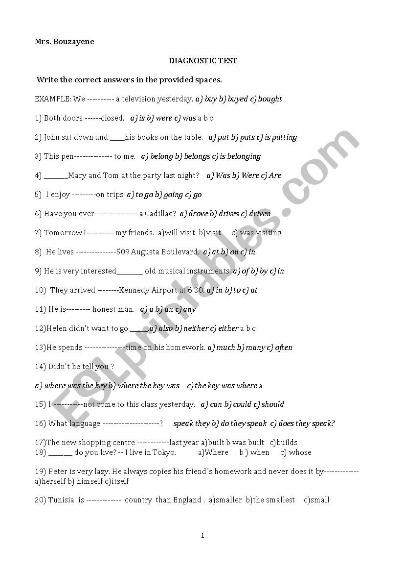 diagnostic test worksheet