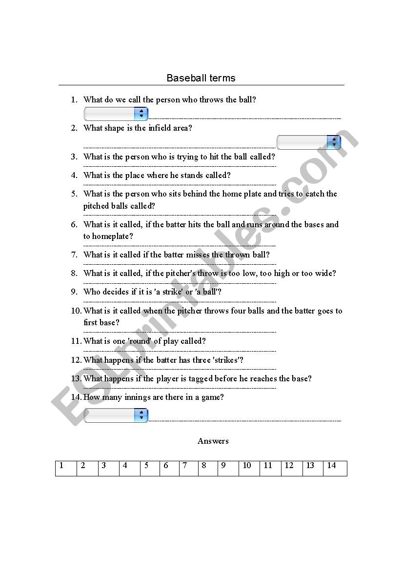 Baseball terms worksheet