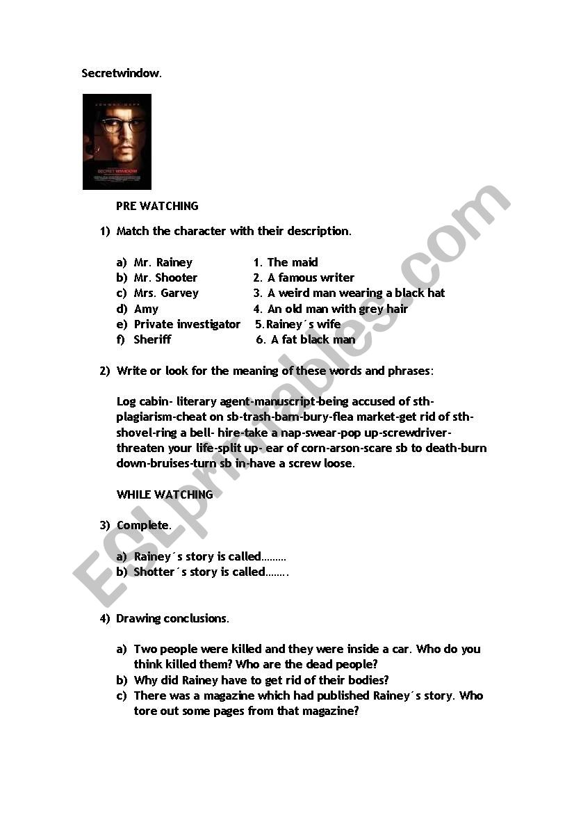 Secret window worksheet