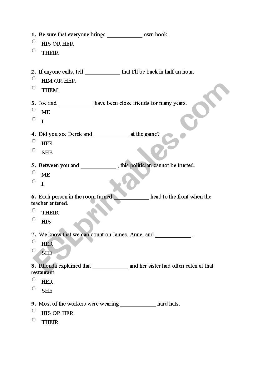 pronouns exercise worksheet