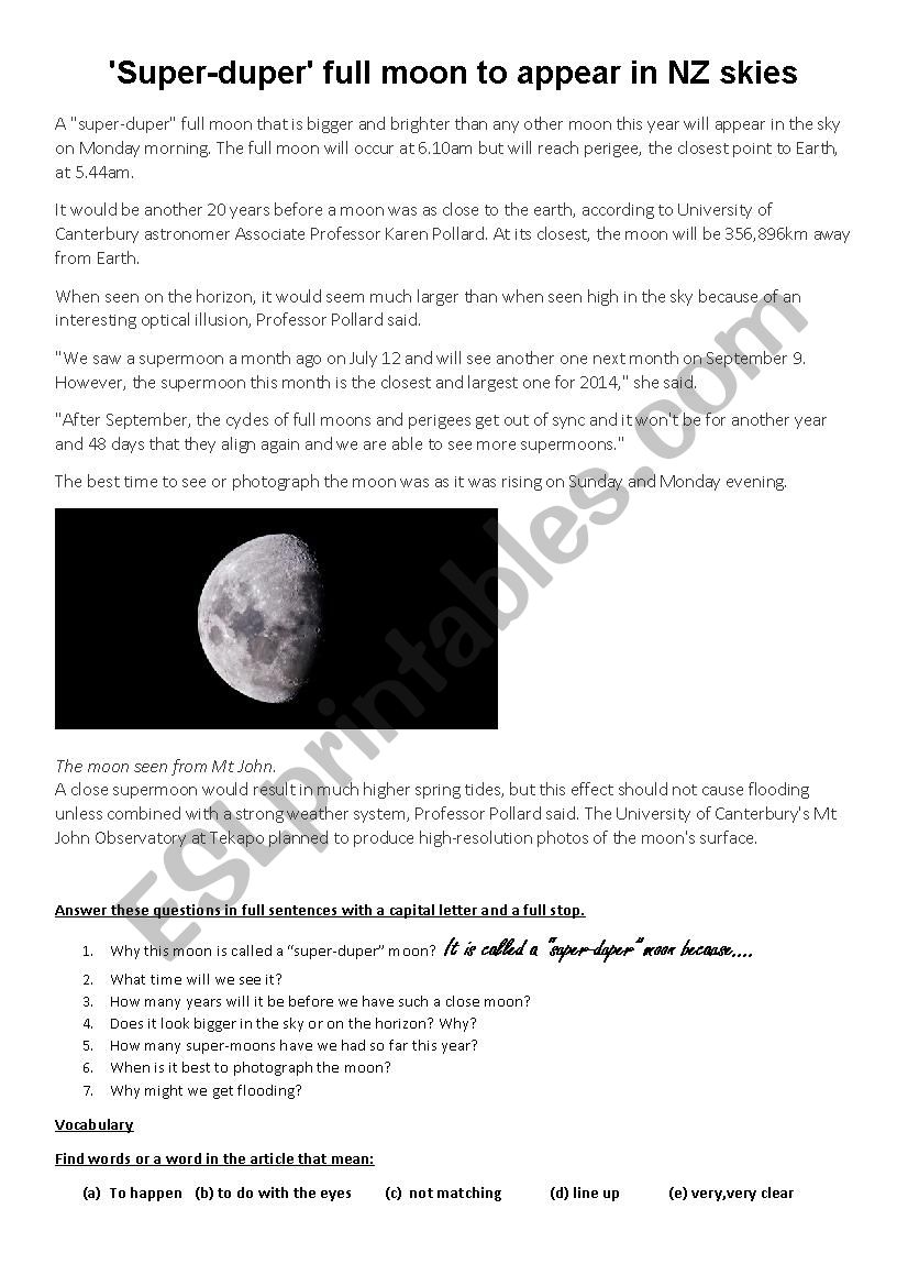 Supermoon worksheet